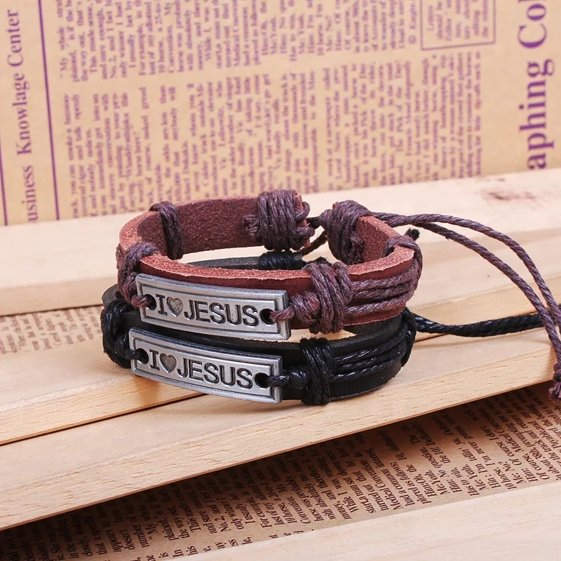 Christian Faith I Love Jesus Engraved Leather Braided Bracelets for women men promotional gift religion bracelet