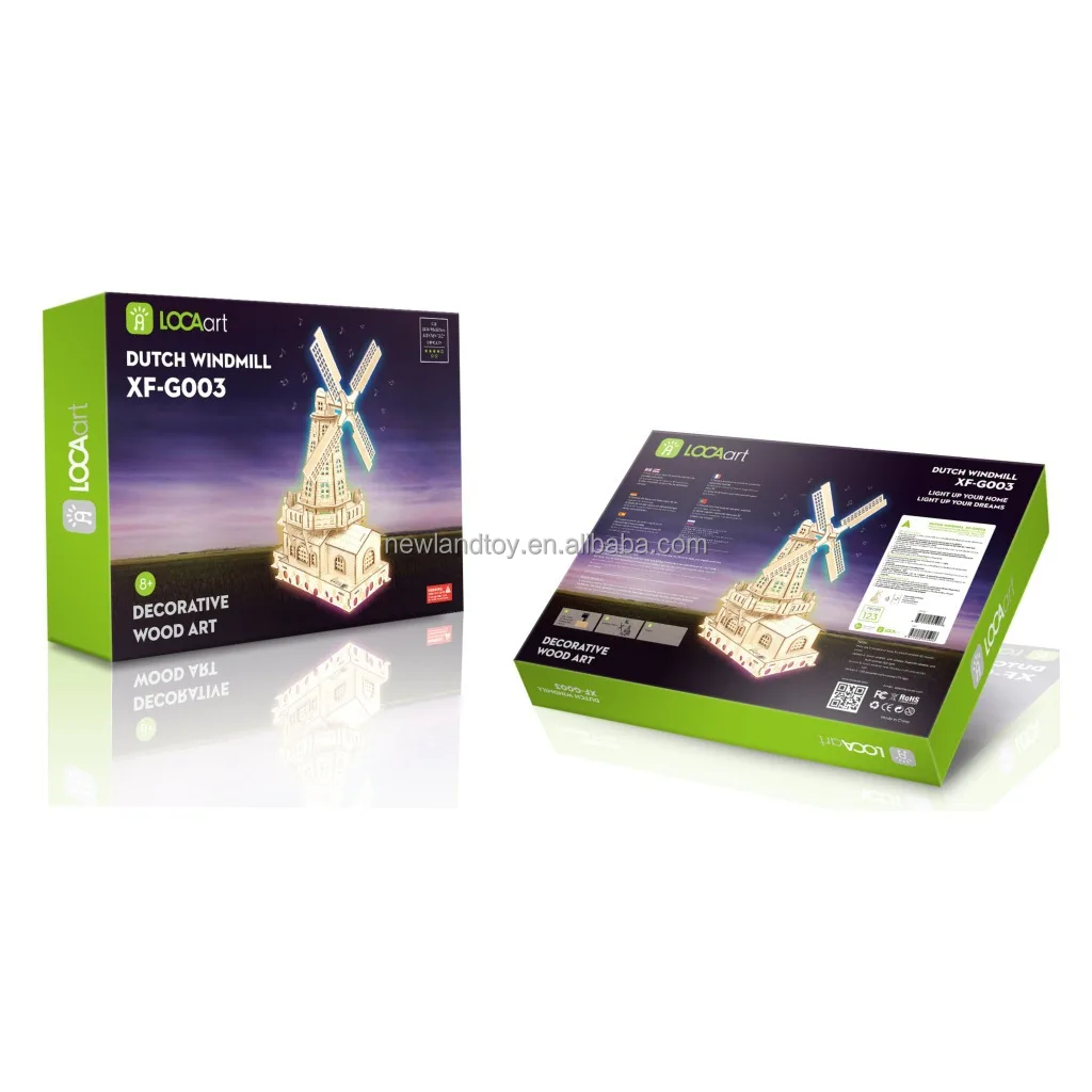 World Famous Architecture Intelligent Assembly Wooden Windmill 3D Model with LED light