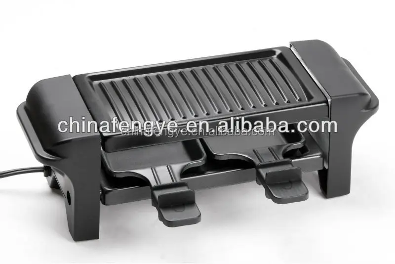 Electric raclette grill for 2 person use with nonstick plate or stone