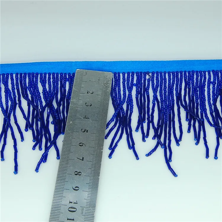 Wholesale blue ribbon bugle tassel trimming beaded fringe for dress costume