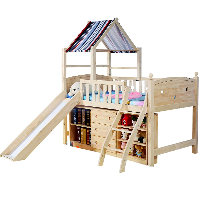 Latest Bedroom Furniture Wooden Kids Cartoon Slide Storage Bed Set Designs