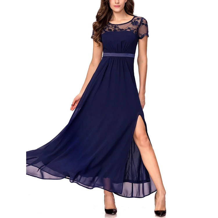 Clothing Manufacturer Ladies Floral Sheer Mesh Elegant Split Side Formal Party Dress