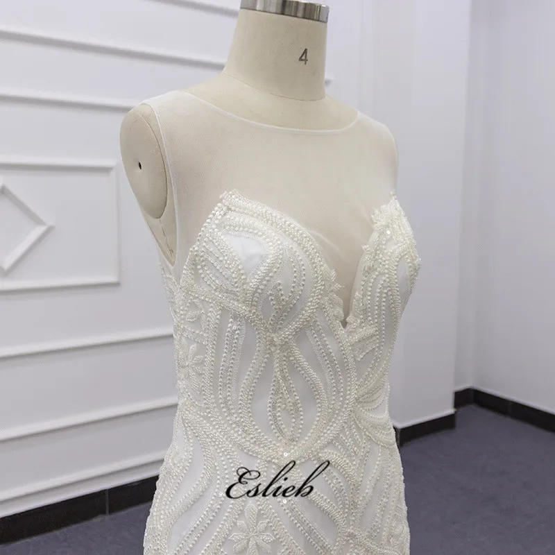 Eslieb SJ077 real photo champagne custom style luxury lace O-neckline zipper  wedding dress bridal mermaid