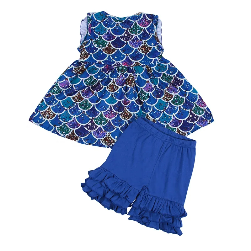 
hot sale mermaid Print girls Fashion clothing set Kids wholesale 4th july ruffle outfit set clothes for kids fly sleeve set 