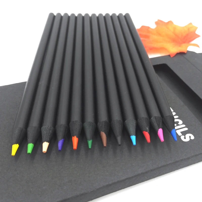 Novelty Black wood Color Pencil Packaging 12 Different Colours Colored Pencils Drawing For Children Stationary High Quality
