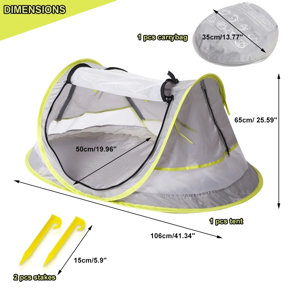 Portable Pop Up Baby Beach Tent UPF 50+Sun Shelter Infant Mosquito Net and Sunshade for Baby Crib Travel Bed with 2 plastic pegs