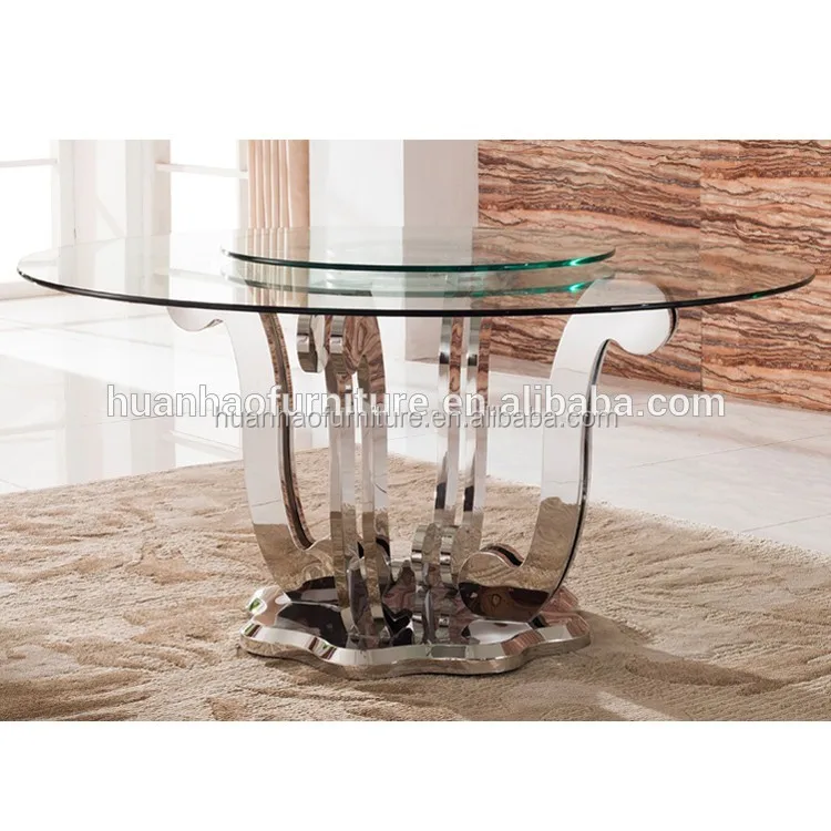 Мода 6 сиденья из нержавеющей стали круглый вращающийся обеденный стол и стеклянной столешницей DH-831