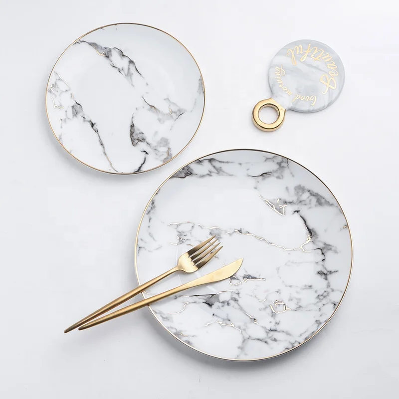Unique dignity round dinner plate set western premium plain ceramic marble plates for food
