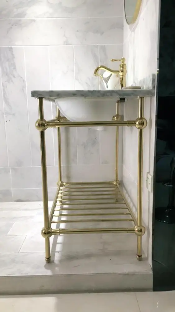 Classic style stainless steel golden frame marble top bathroom vanity