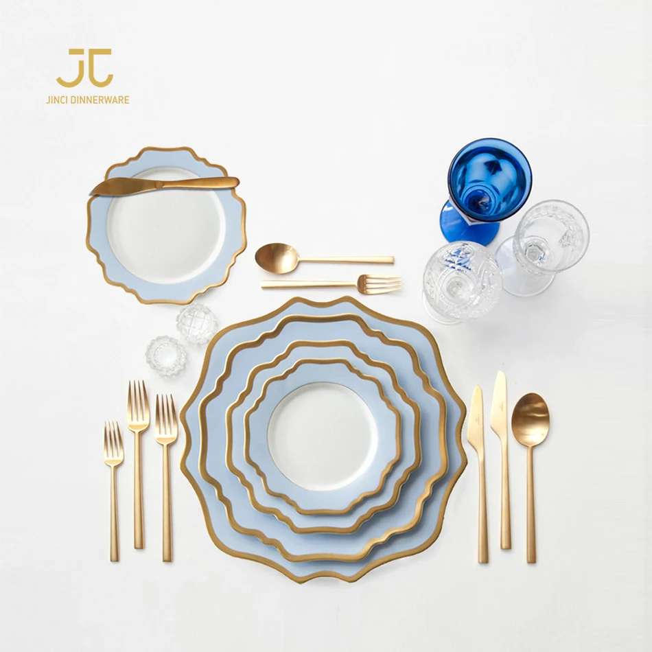 
Blue White Porcelain Gold Rim Customized Print Dinner Sets Plates For Restaurant 