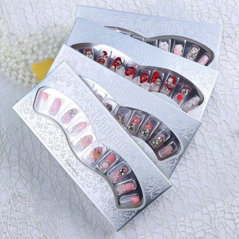 24pcs/box Luxury Bride wedding Hand-Made 3D Diamond False Nails Self-Adhesive Beautiful Wedding Nail
