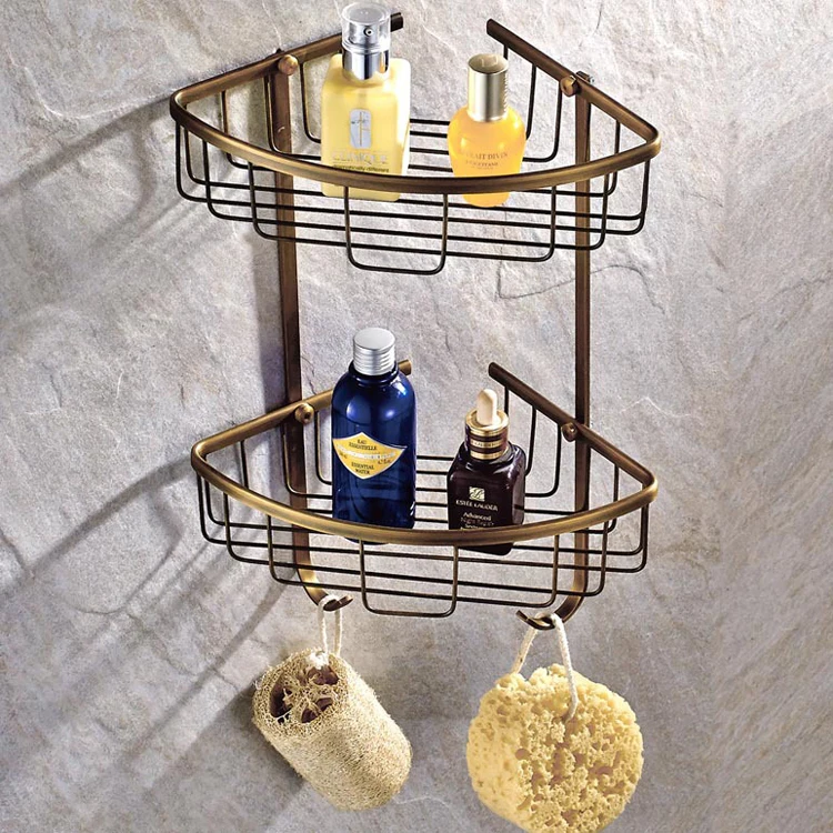 
Bathroom corner shelves dual tier antique brass basket holder bathroom accessories KXL-5262 