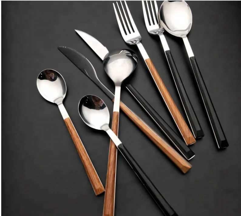 High Quality wood grain stainless steel tableware western flatware cutlery set