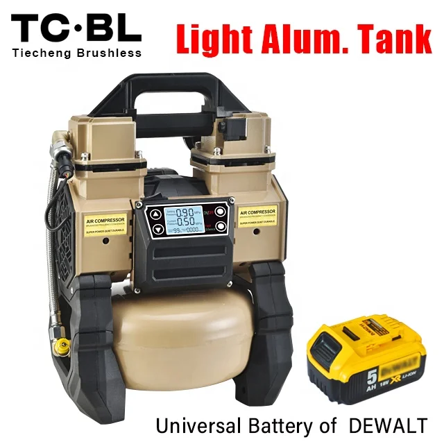 portable brushless silent mini dc cordless pneumatic oil free air tire inflator pump for car compressor 18V 5L alum. tank