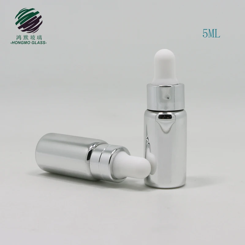 5 ml shiny silver electroplated small mini glass vials 5ml glass dropper bottle for serum essential oil samples packaging