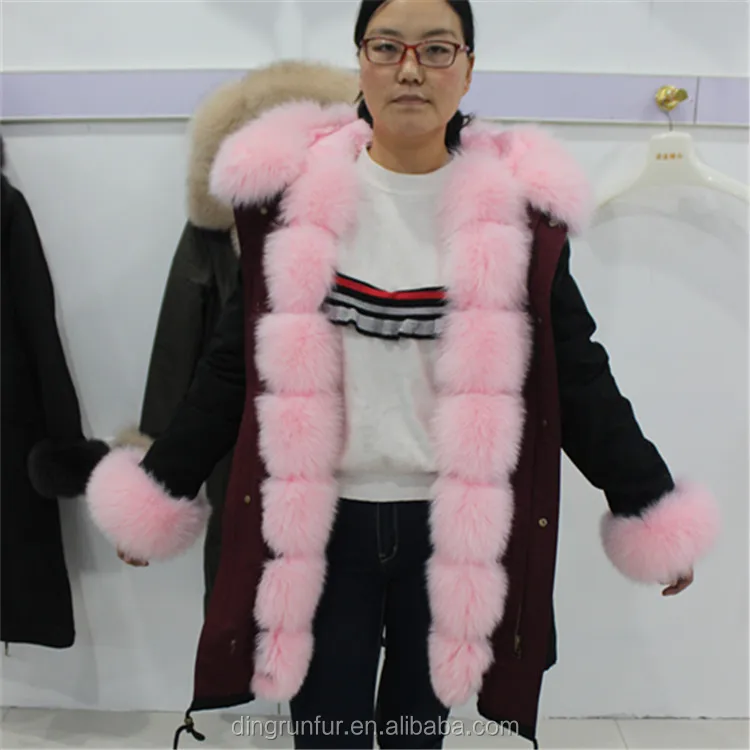 
Fox Fur Collar and Trim Rex Rabbit Fur lined coat Hooded real fur parka 