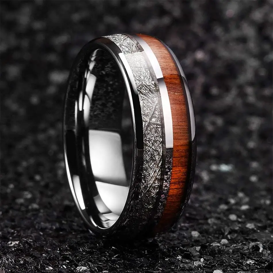 ring men 8mm meteorite and koa wooden inlay Tungsten Carbide jewelry Comfort fit mens Ring