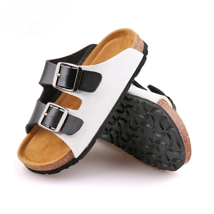 Boys Cork Sole Slide Flat Sandals Open Toe Double Adjustable Buckle Hook Outdoor Slippers with soft foot bed for Summer