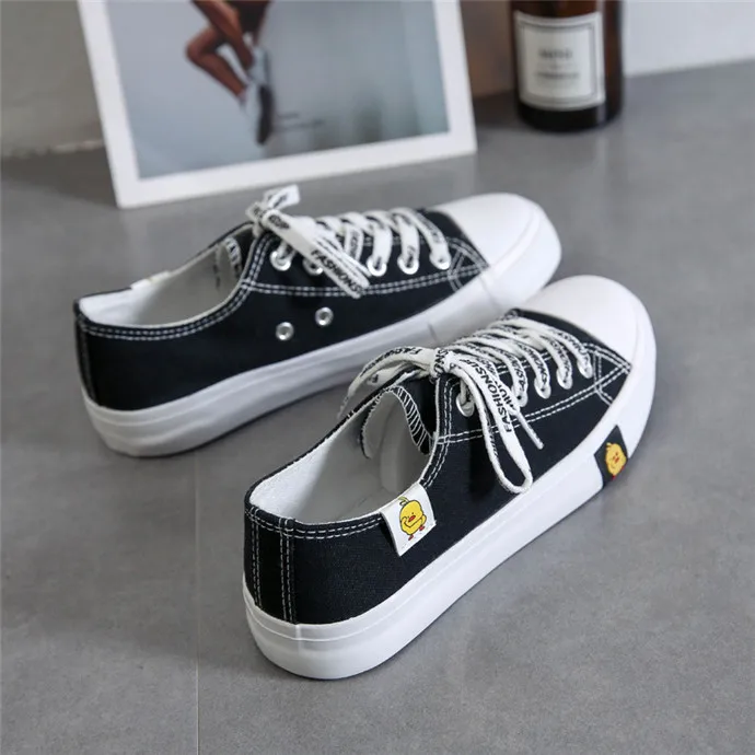Spring Students Women Cartoon Yellow Duck Lace-Up Flat Zapatillas Canvas Shoes