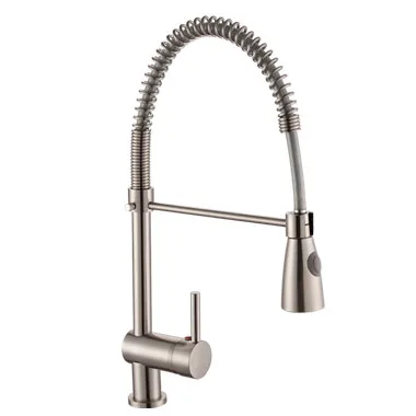 European Long Neck Single Handle Water Ridge Brass Pull Out Down Nickel Brushed Kitchen Sink Faucet
