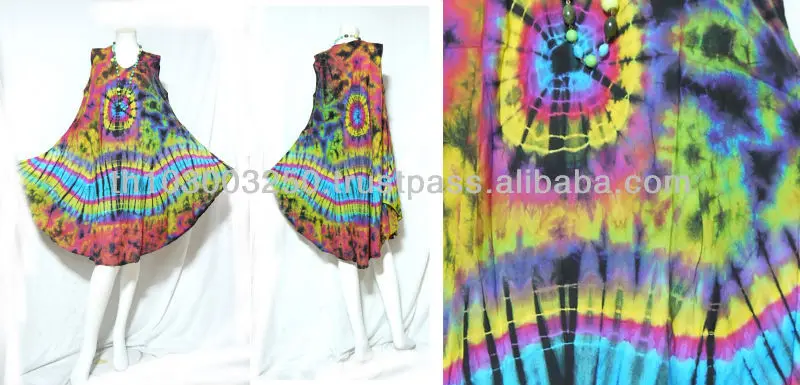 
Vintage Retro Thai Style HIPPIE BOHO FULL Tie Dye Handmade Polka Dot Butterfly Bat Wing Kaftan Tank Dress 