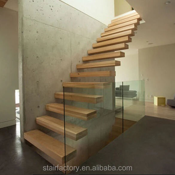 floating stair solid wood treads floating stair Glass balustrades and wood treads floating staircase TS-302