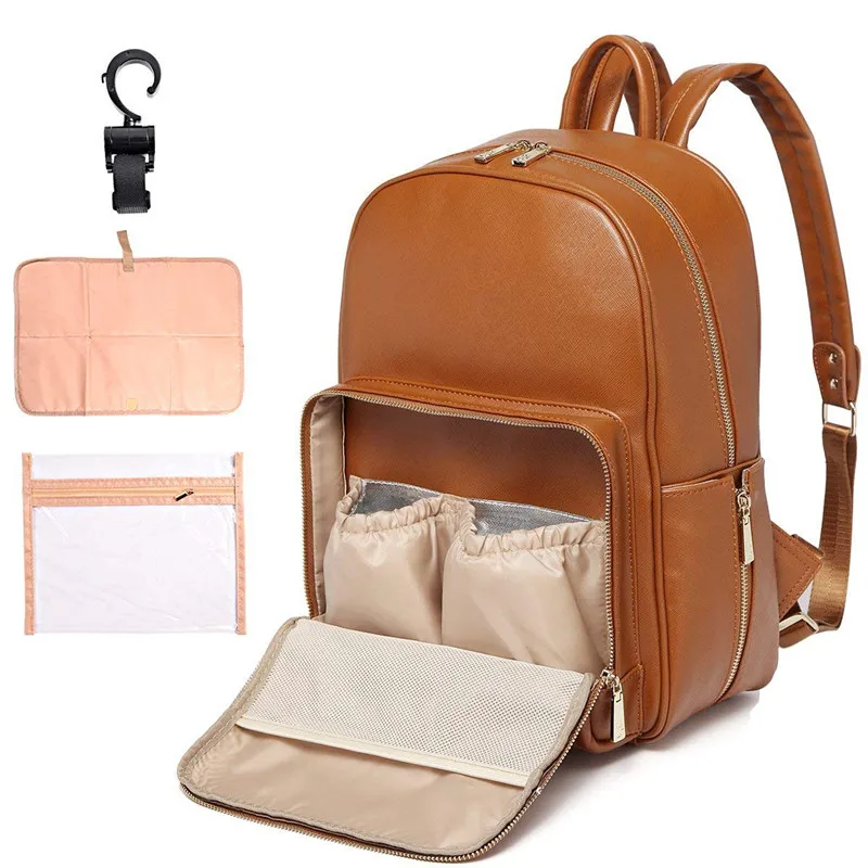 Custom logo Vegan  Leather Diaper Bag Backpack Nappy Bag Baby Bags for Mom