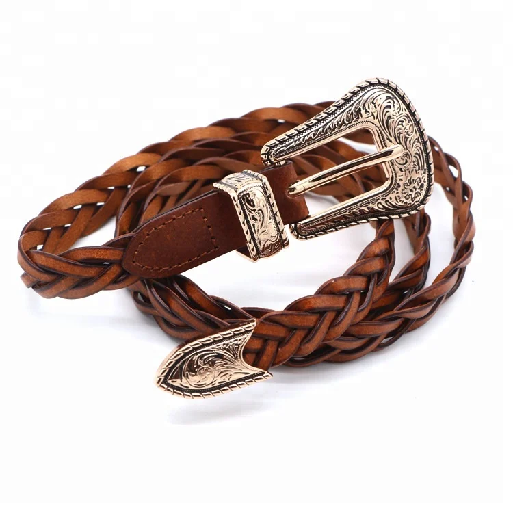 New vintage woven carved leather ladies thin belt pin buckles leather belt fashion wild casual narrow waist seal for women