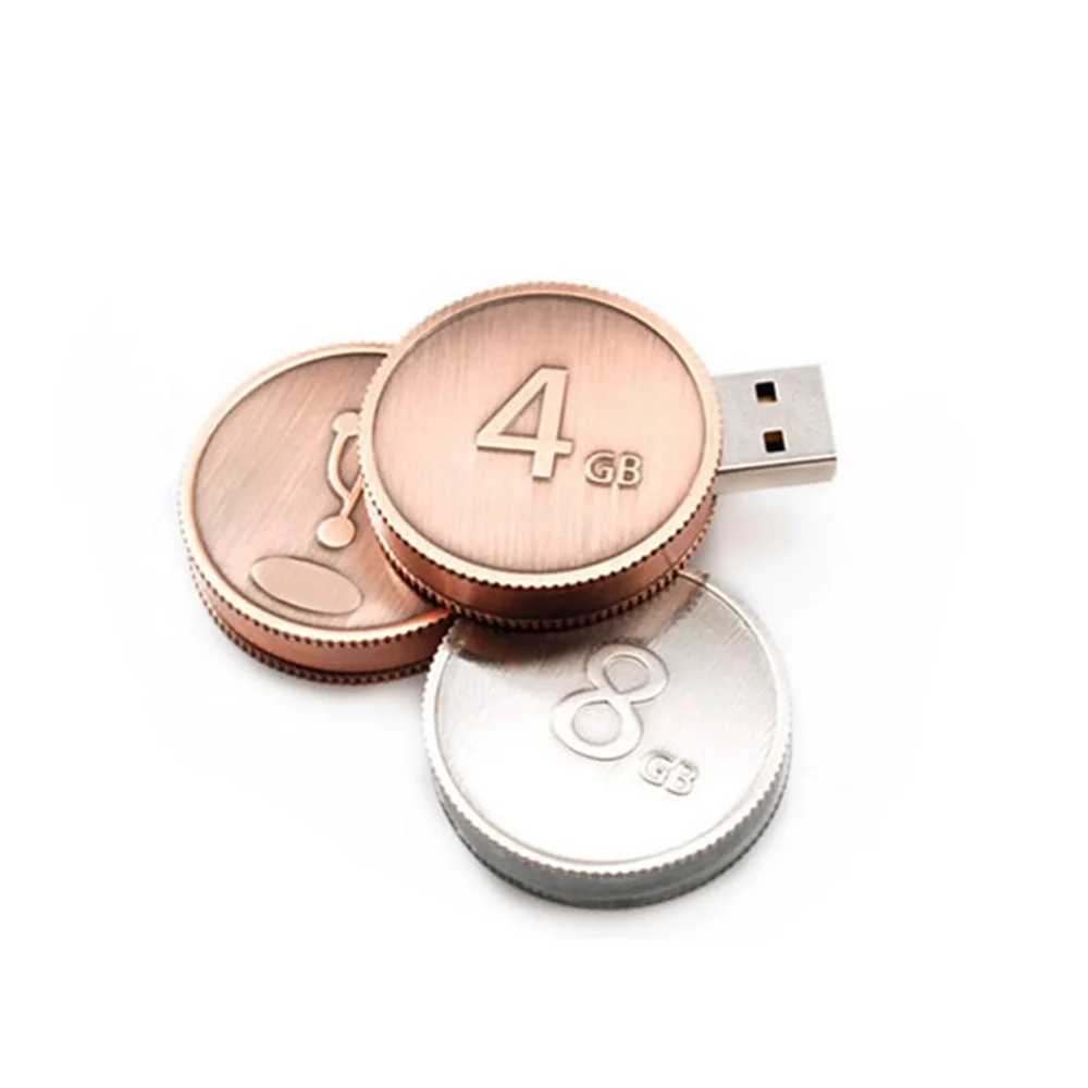Newest Design Metal Coins Portable USB Pendrive Round Shape Tokens Custom Logo Silver/Gold Coin Acceptor Memory Stick 16G/32G