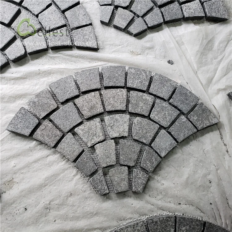 g684 fan shape black granite black basalt cobble on mesh for patio driveway paving