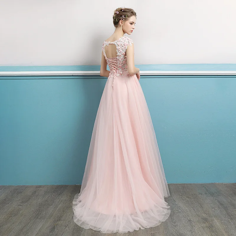 
Sleeveless Tank Dress Floor Length Sweep Train A-line Chiffon Prom Dress Appliqued pink evening dresses 2018 