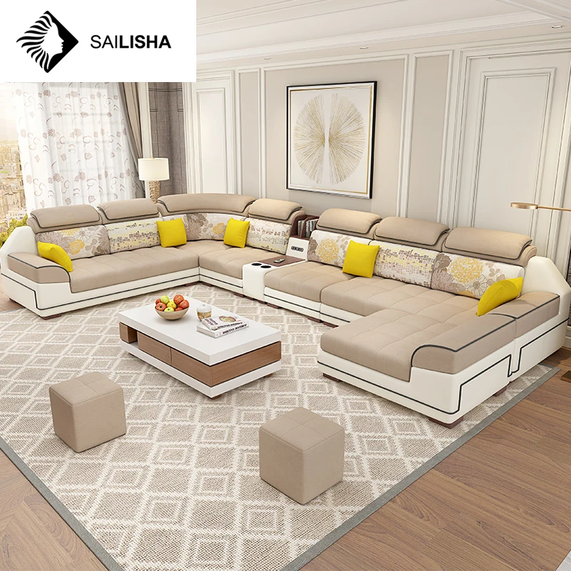 U shaped Sofas set 7 seater modern style wooden Sofas set designs living room furniture settee Sofas