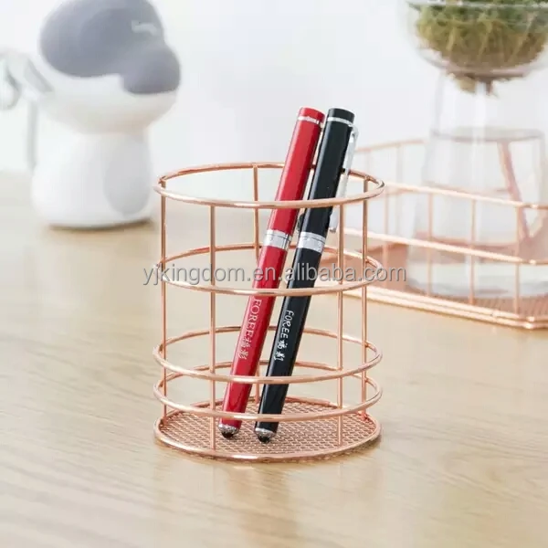 550-28A mini wrought iron round desktop rose gold mesh pencil holder