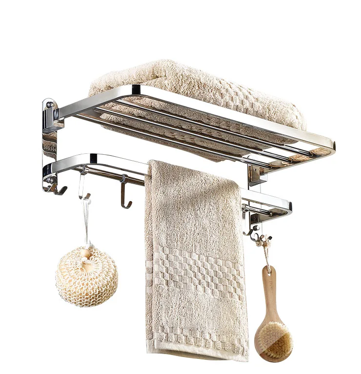 Wholesale SU304 Stainless Steel Towel Racks Mirror Polished Towel Bar With Hooks for Bathroom Organizing