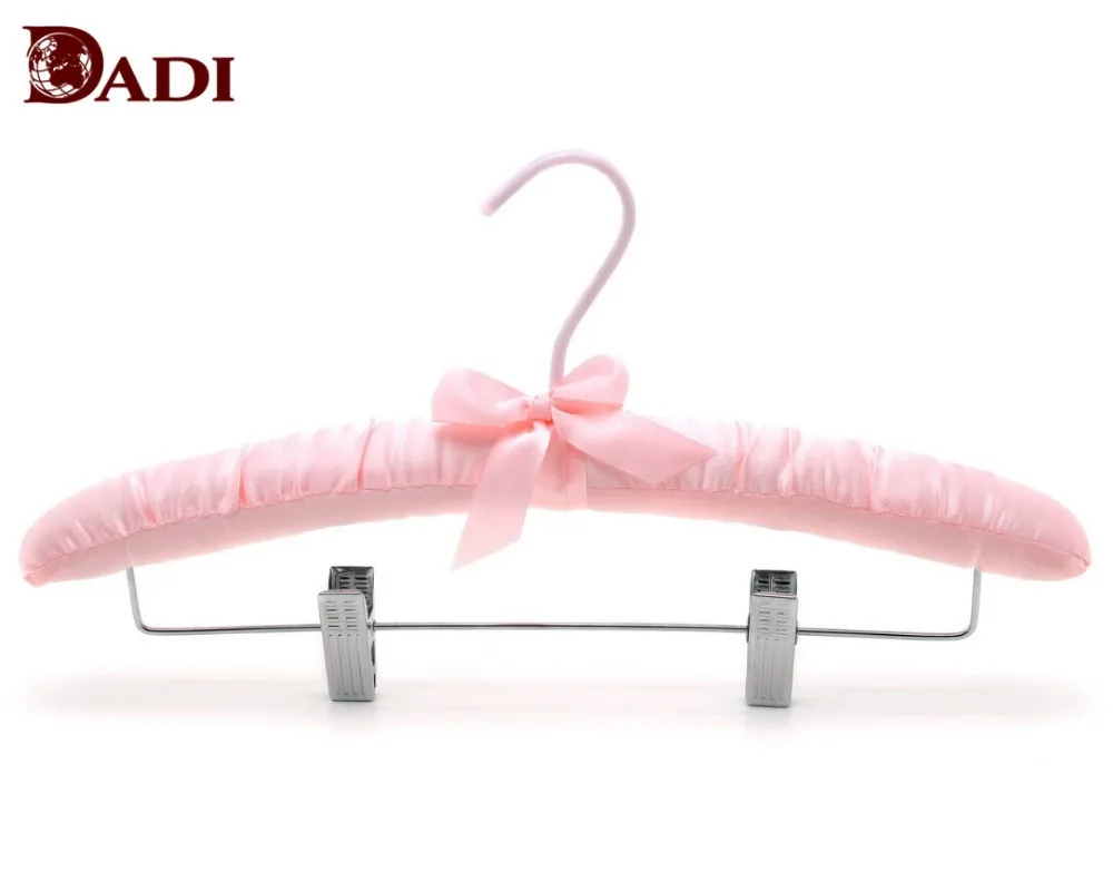Colorful solid wood flocked Lingerie display satin clothes hanger with lovely bow tie flexible clothes hanger