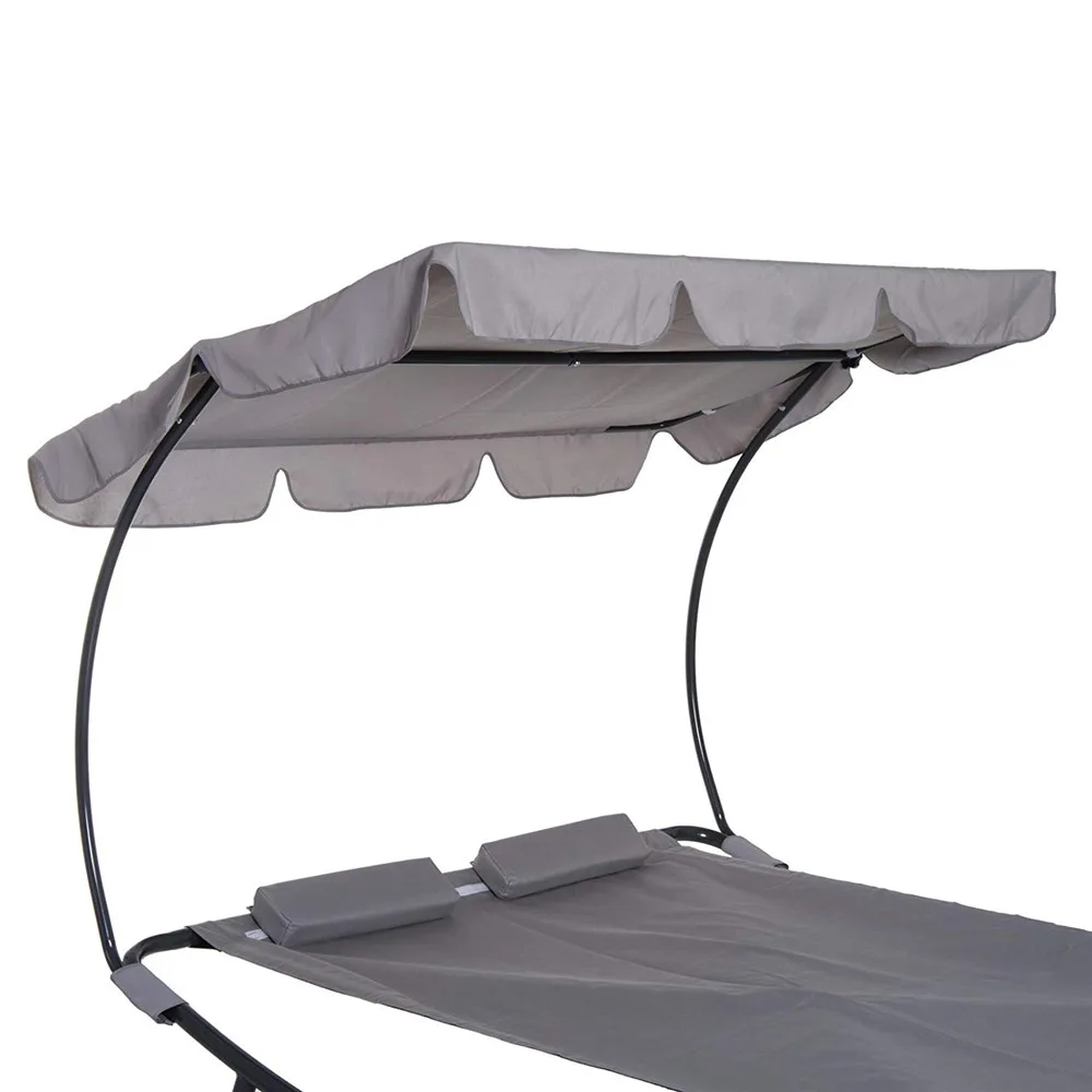 Outsunny Double Chaise Lounge Hammock Sunbed with Canopy Stand - Light Grey
