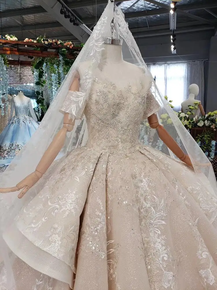 HTL454 2019 latest design lace applique custom made bridal gowns wedding dresses with veil