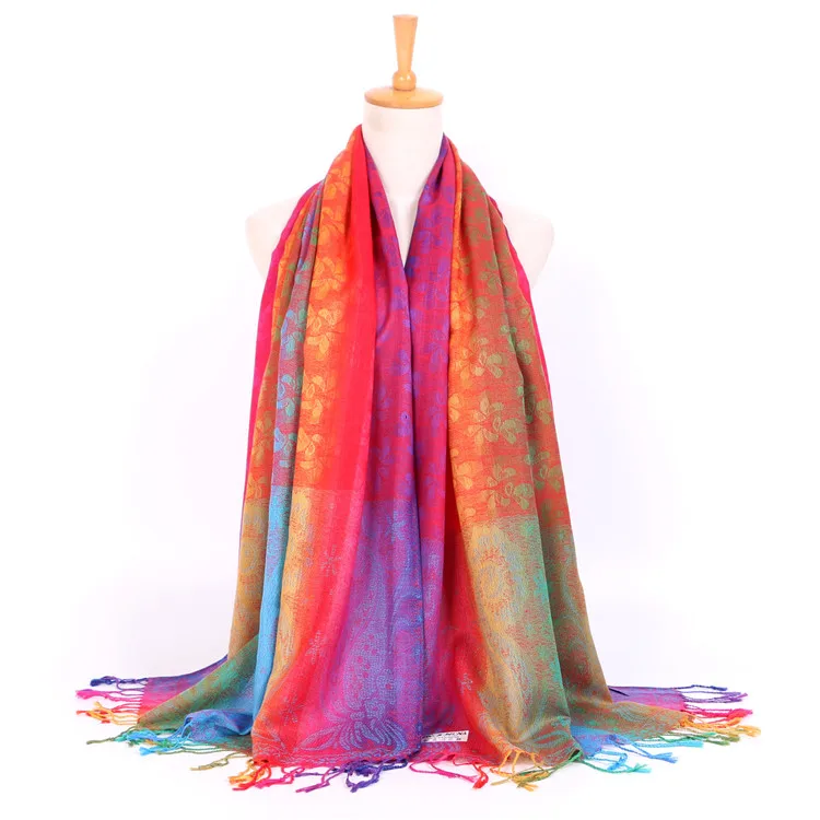 Colorful flowers Jacquard Scarf cotton pashmina Women Wrap Shawl tassels Scarves
