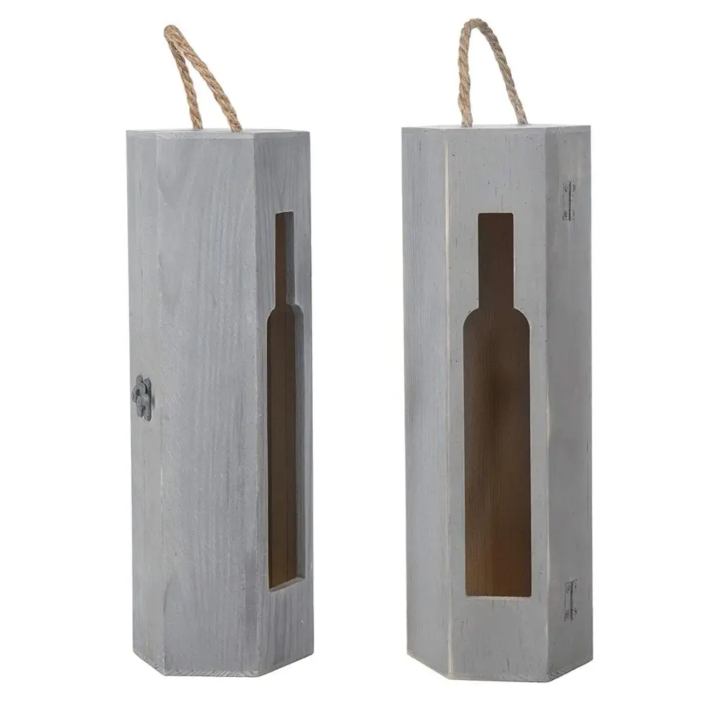 Rustic Sample  Bottle Hexagon Gray Wood Wine Gift Box with Rope Handle