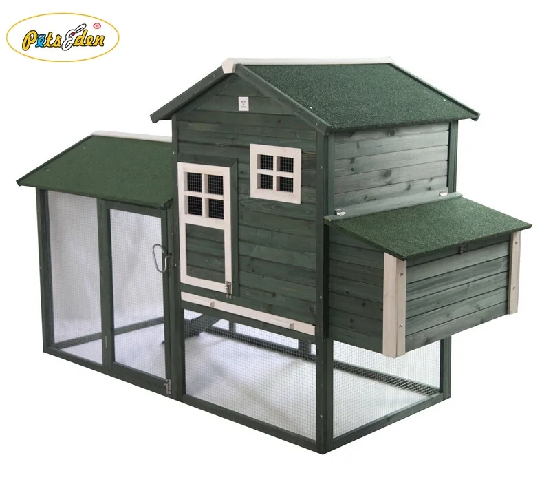 Wooden ladder-frame chicken coop hen house with large run green