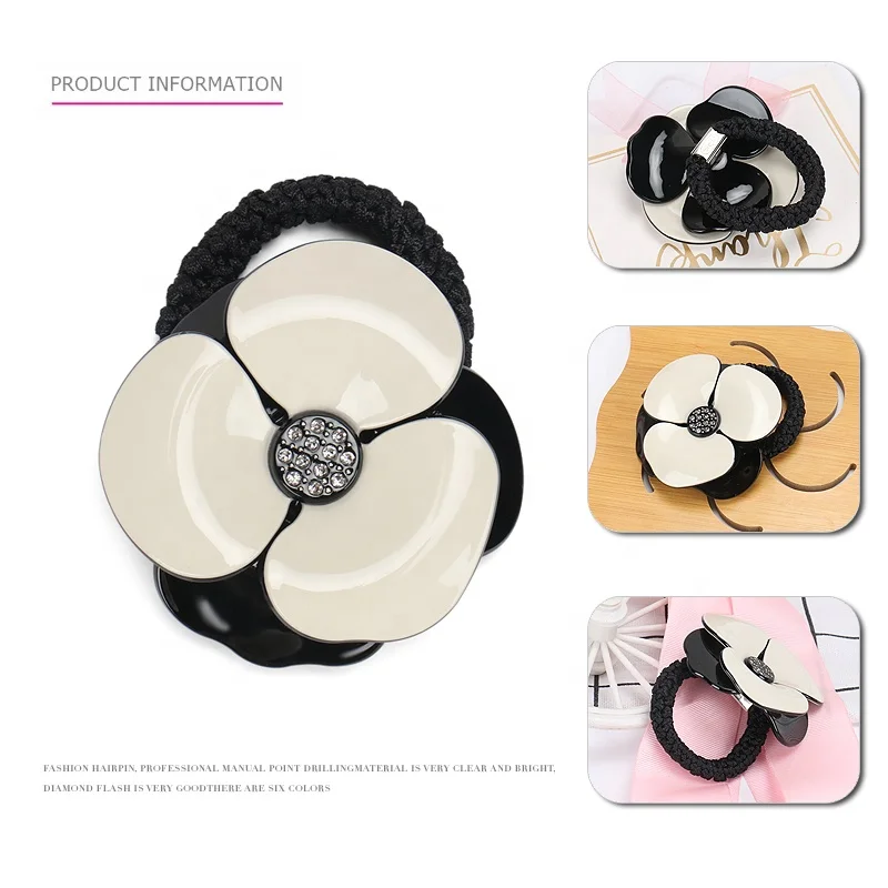 Fashion Camellia Design Elastic Hair Band Multicolor Camellia Hair Ties Acetate Rhinestone Rubber Band for Women