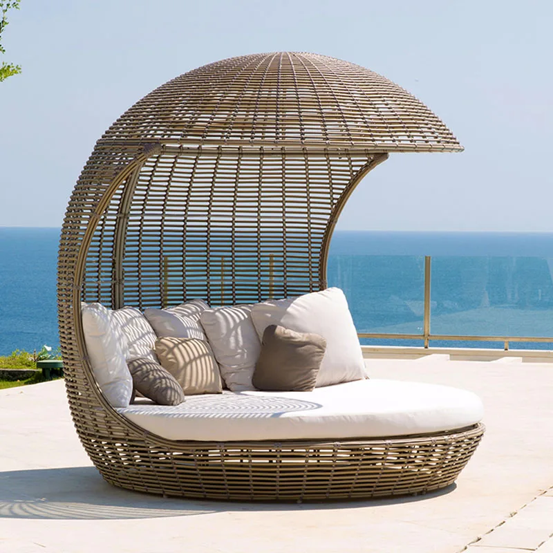 Wholesale aluminum frame wicker furniture outdoor canopy rattan sunbed beach daybed