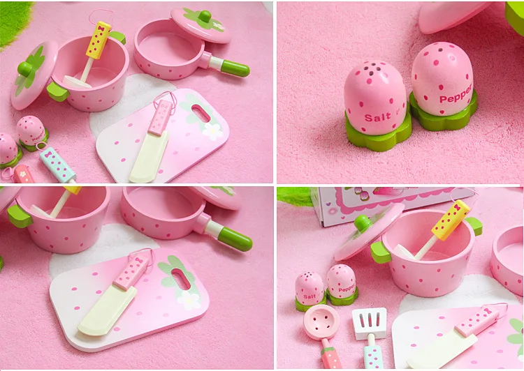 Wholesale Japanese Strawberry wooden Children Kitchen accessories toys cooking play set Toy for kids WDS004