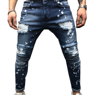 2018 европейские высокие мужские Эластичные зауженные джинсы со складками модные эластичные джинсовые брюки