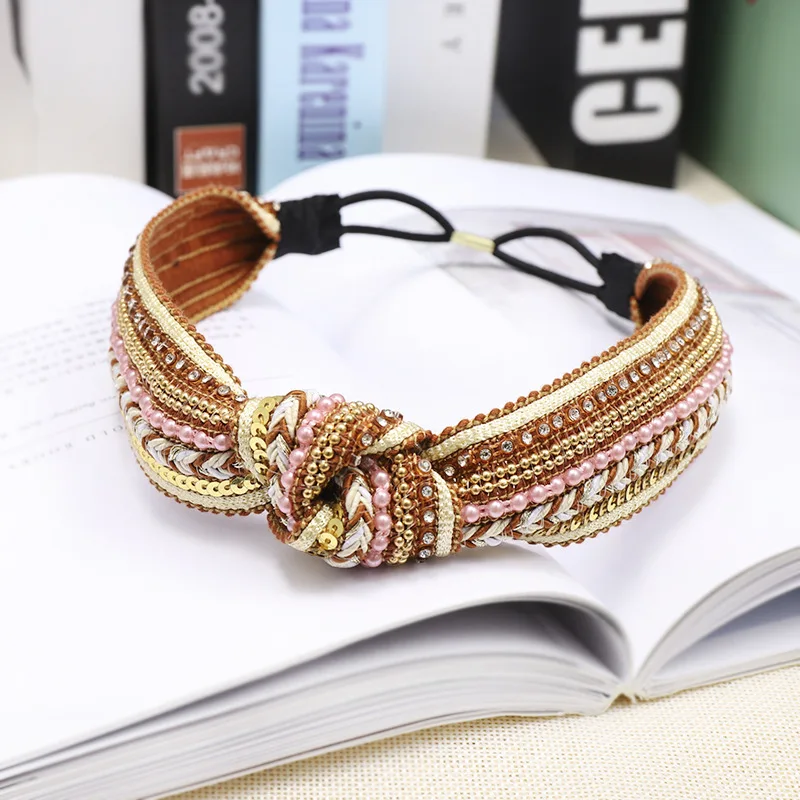 LRTOU Wholesale Custom Boho Handmade Weave Knot Plastic Hair Band Bead Crystal Stretchy Headband For Adult Women
