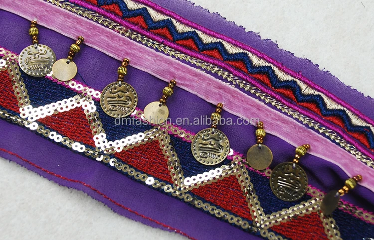 Ethnic style boho trim with fringe, embroidery indian beaded lace trim with copper sheet