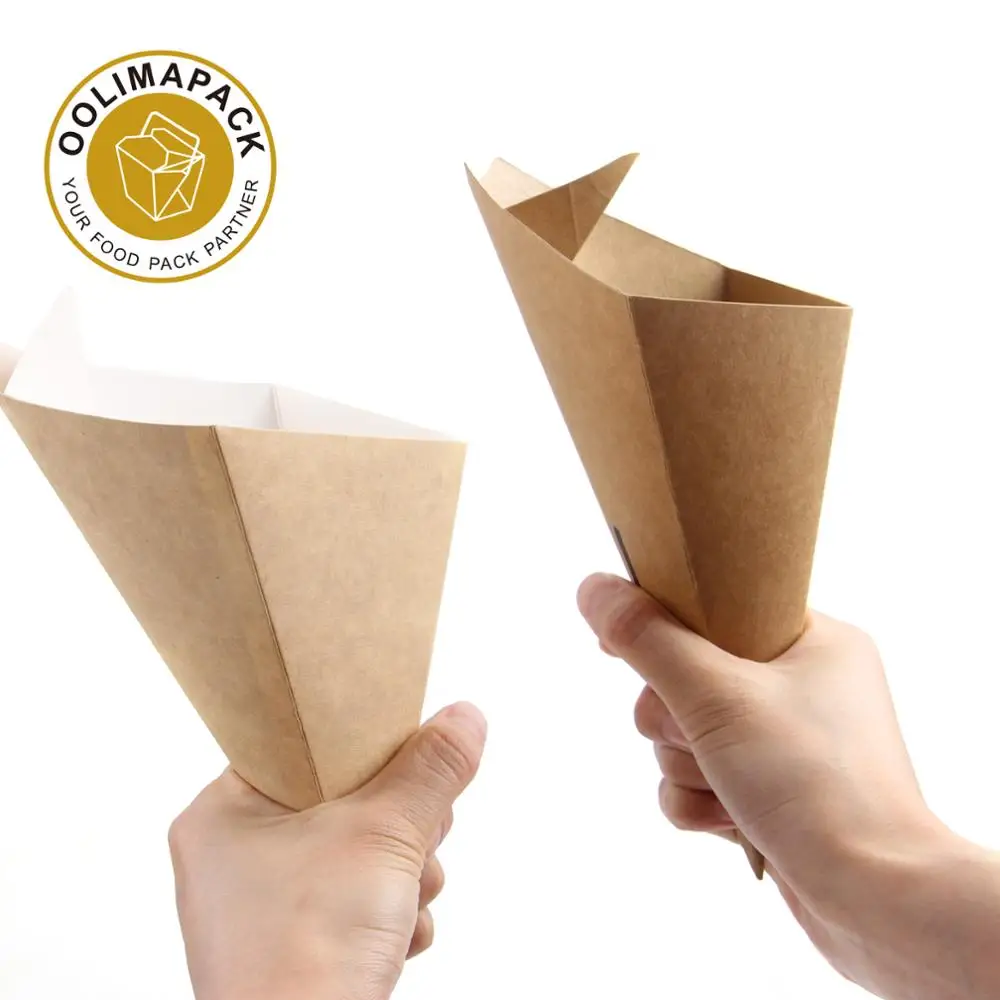 disposable kraft French fries food paper cone,wholesale paper french fries box for crepe food,french fries cone