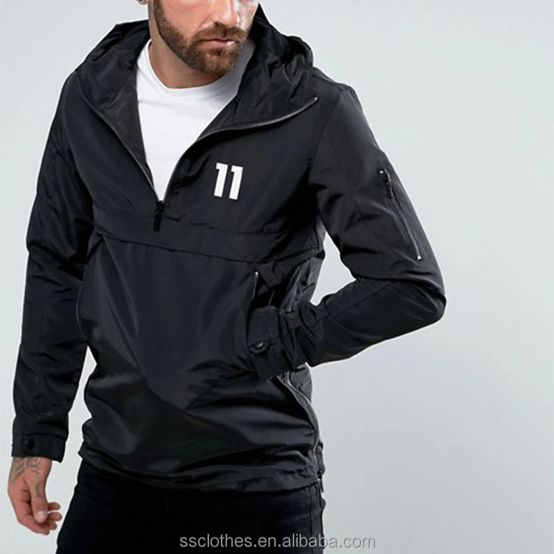 
New design fashion solid Hooded neck overhead half zip black windbreaker 