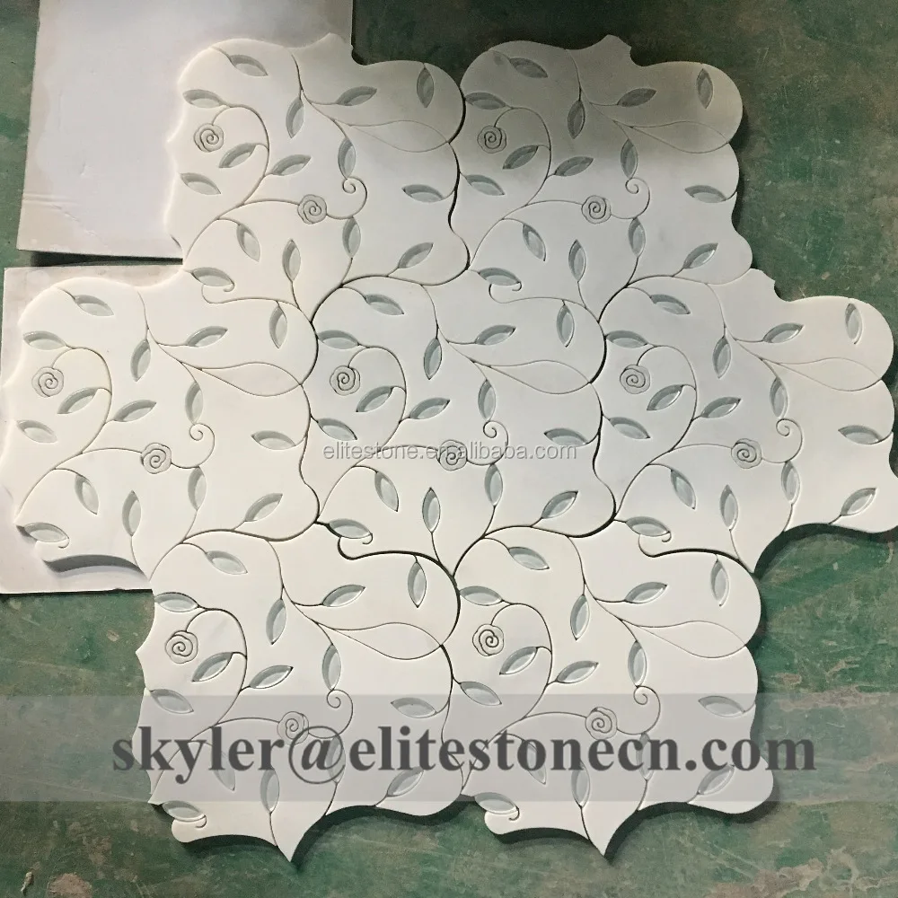 glass mixed marble flower leaves pattern waterjet tile mosaic