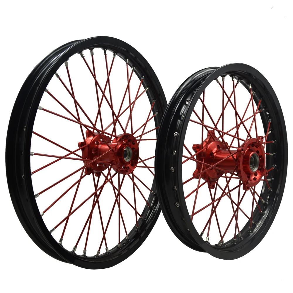 21x1.6/19x1.85 Black Rim Red Cnc Hub Motocross Wheels Set Fit Cr125/250 Crf250/450r/x